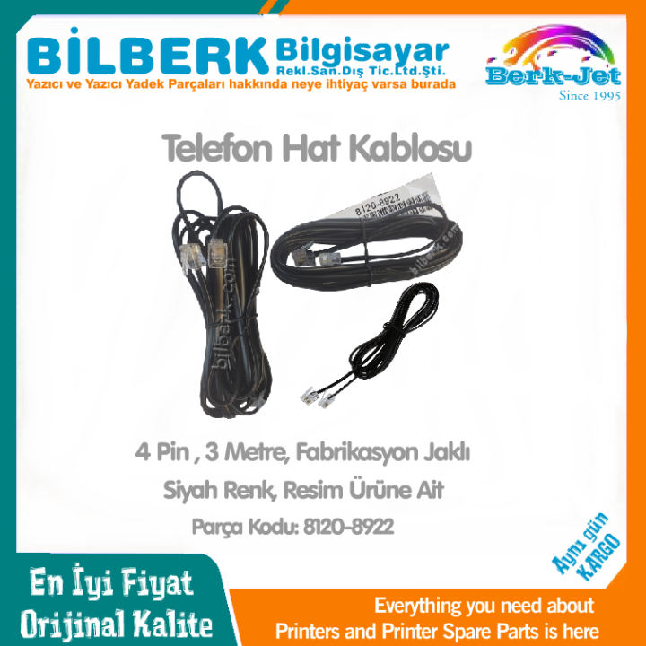 RJ11 ADSL Modem ve Telefon Hat Bağlantı Kablosu 3 Metre 4 Pin 8120-8922 Telephone Line Cord Male To Male Cable Fax Machine